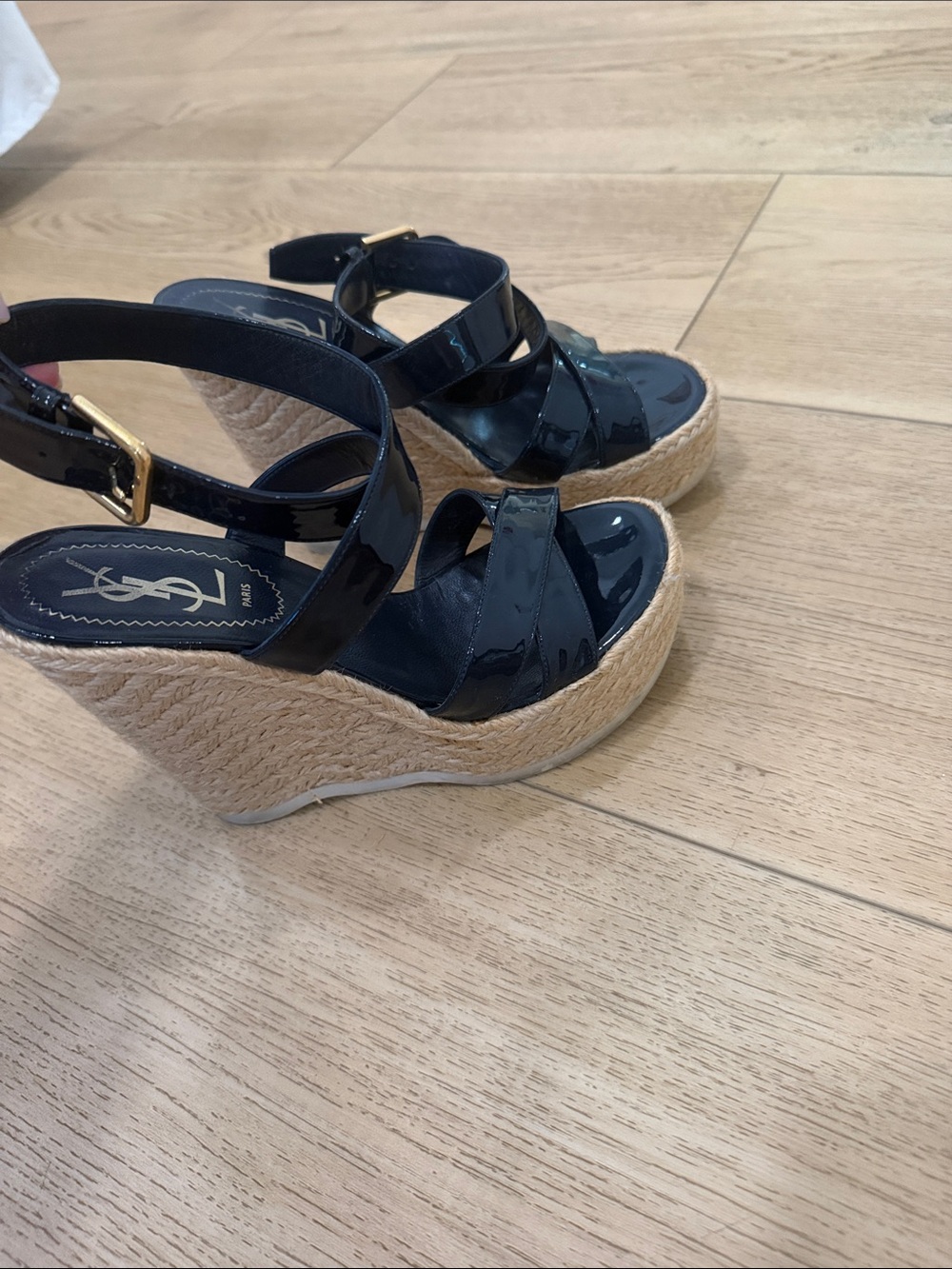 Yves Saint Laurent Navy Patent Espadrille Wedge Sandals with Gold Buckle